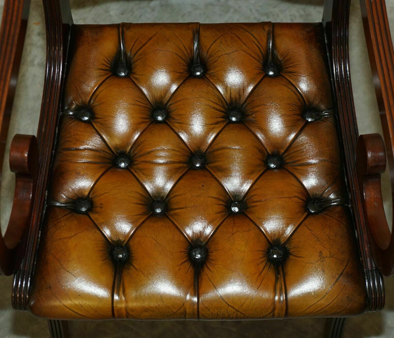 photo vinterior Eight Vintage Mahogany Fully Restored Chesterfield Brown Leather Dining Chairs 8