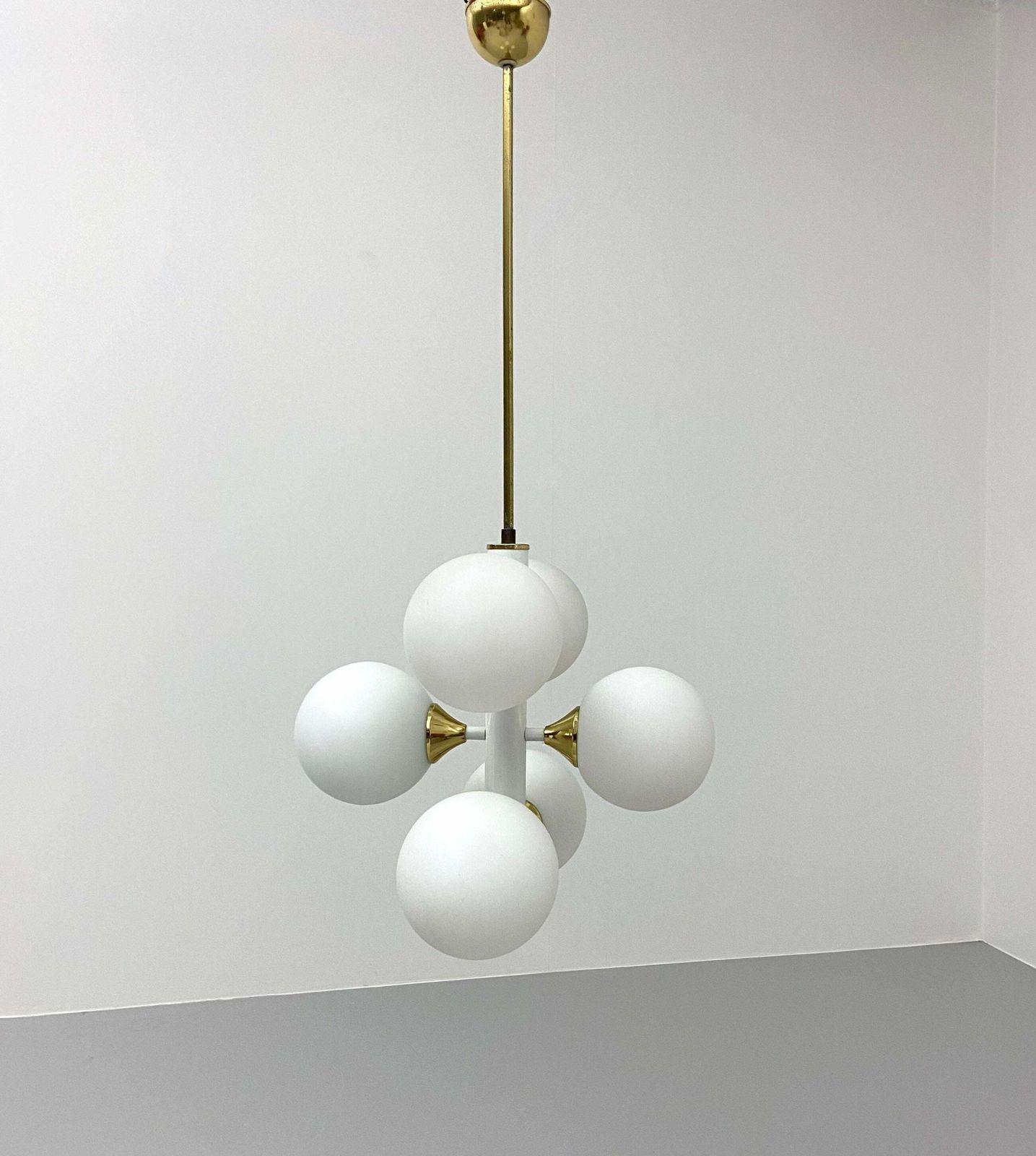 Kaiser Leuchten Sputnik In Brass And Metal With 6 Opaline Bulbs, Germany, 1970's photo furniture