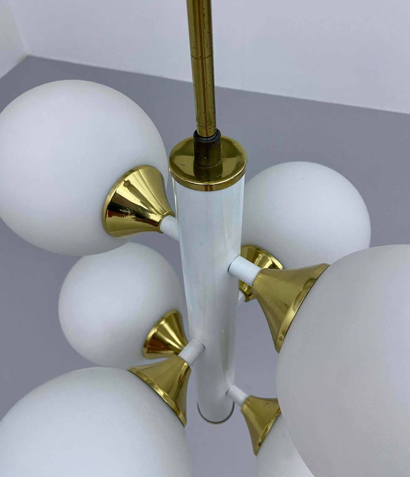 Kaiser Leuchten Sputnik In Brass And Metal With 6 Opaline Bulbs, Germany, 1970's photo Lighting