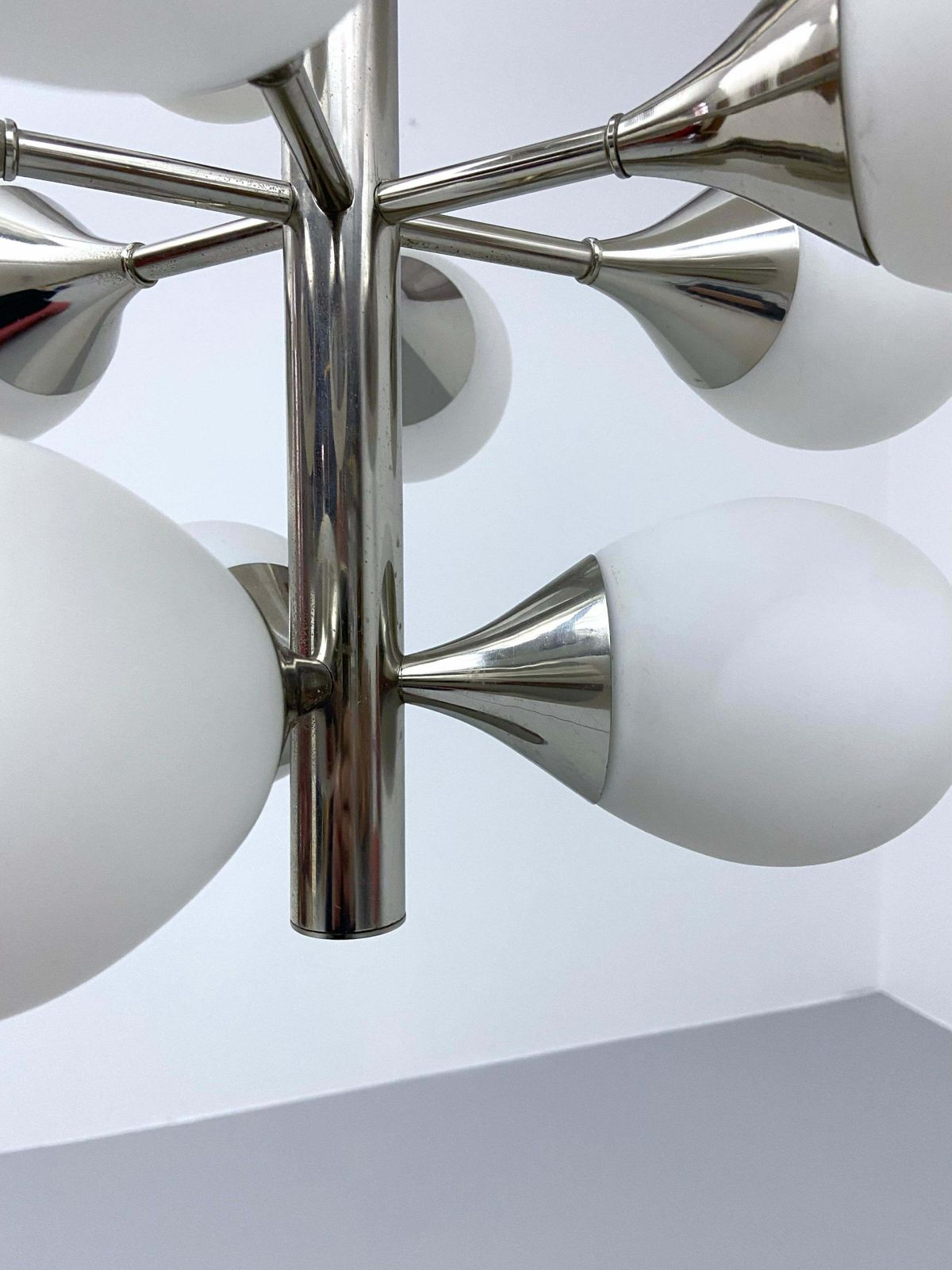 Sputnik In Metal And 12 White Opaline Teardrops By Kaiser Leuchten, 1960's photo Lighting