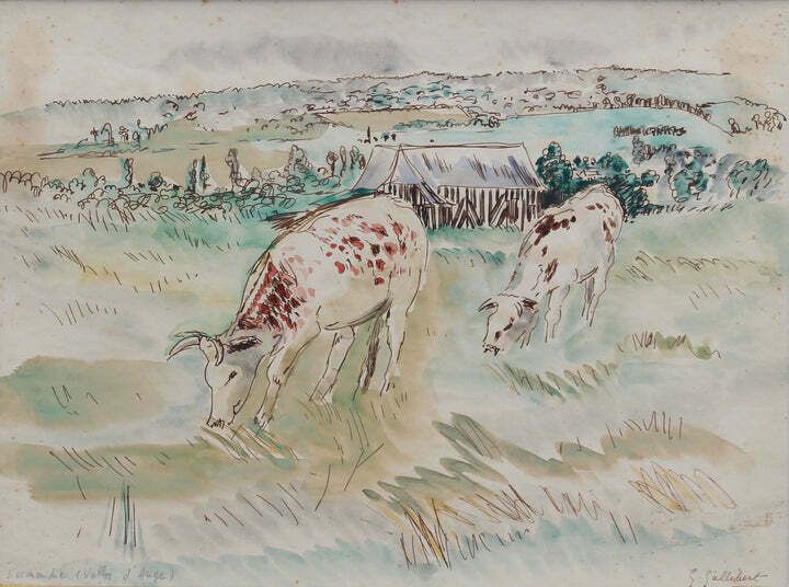 Grazing Cattle In Normandy By Genevieve Gallibert (Circa 1930s) photo furniture