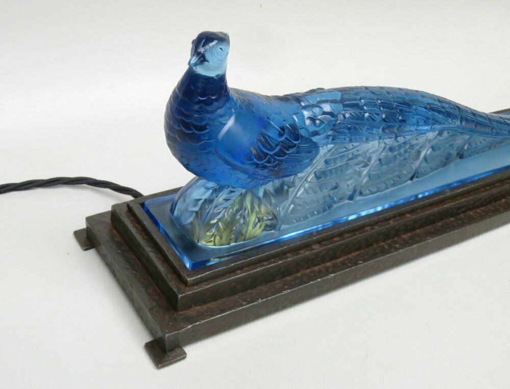 Extraordinary Art Deco Table Lamp "Peacock" In Blue Glass From Verlys France 1920s photo buy