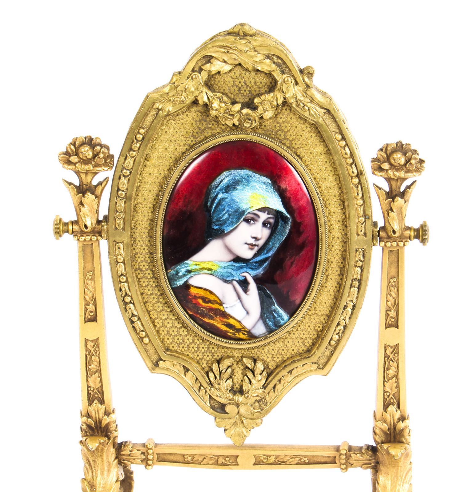 Antique French Ormolu & Limoges Enamel Mirror F.Bienvue 19th C photo for sale