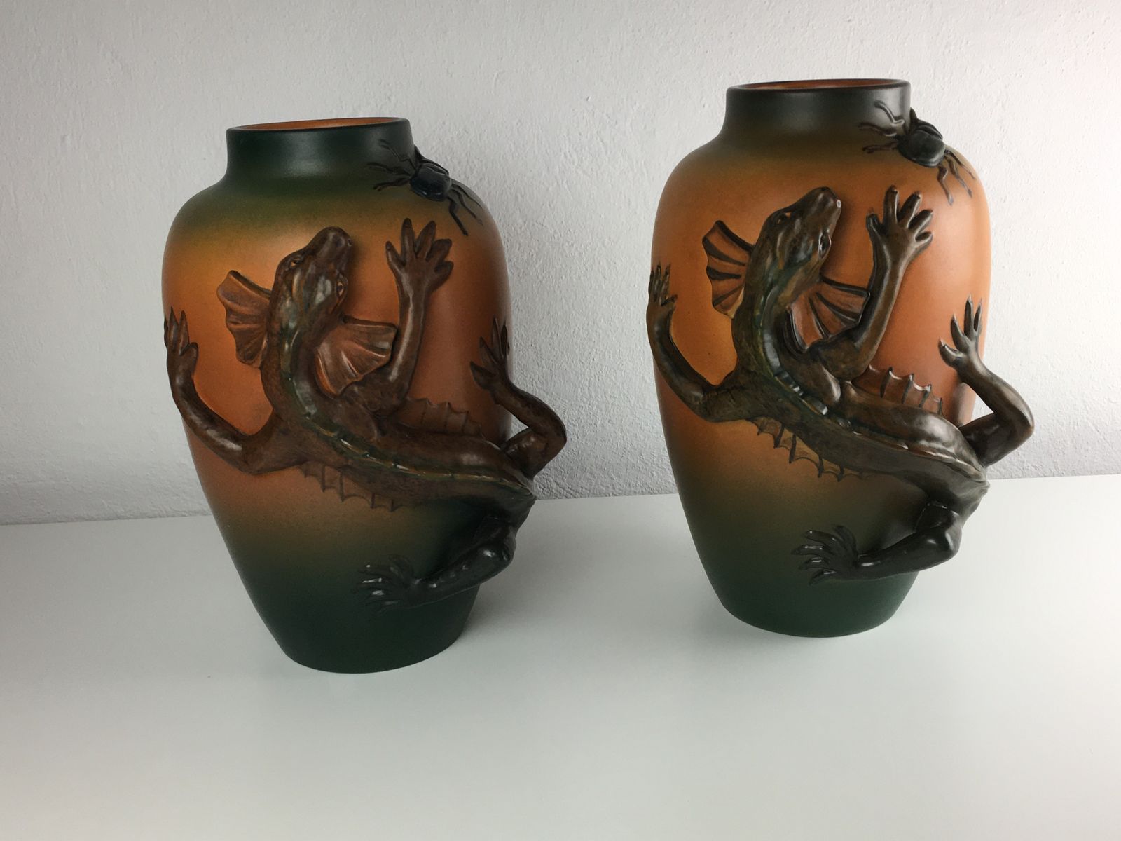 Set Of Two Hand Crafted Danish Art Nouveau Lizard Vases By P. Ipsens Enke 1890's photo furniture