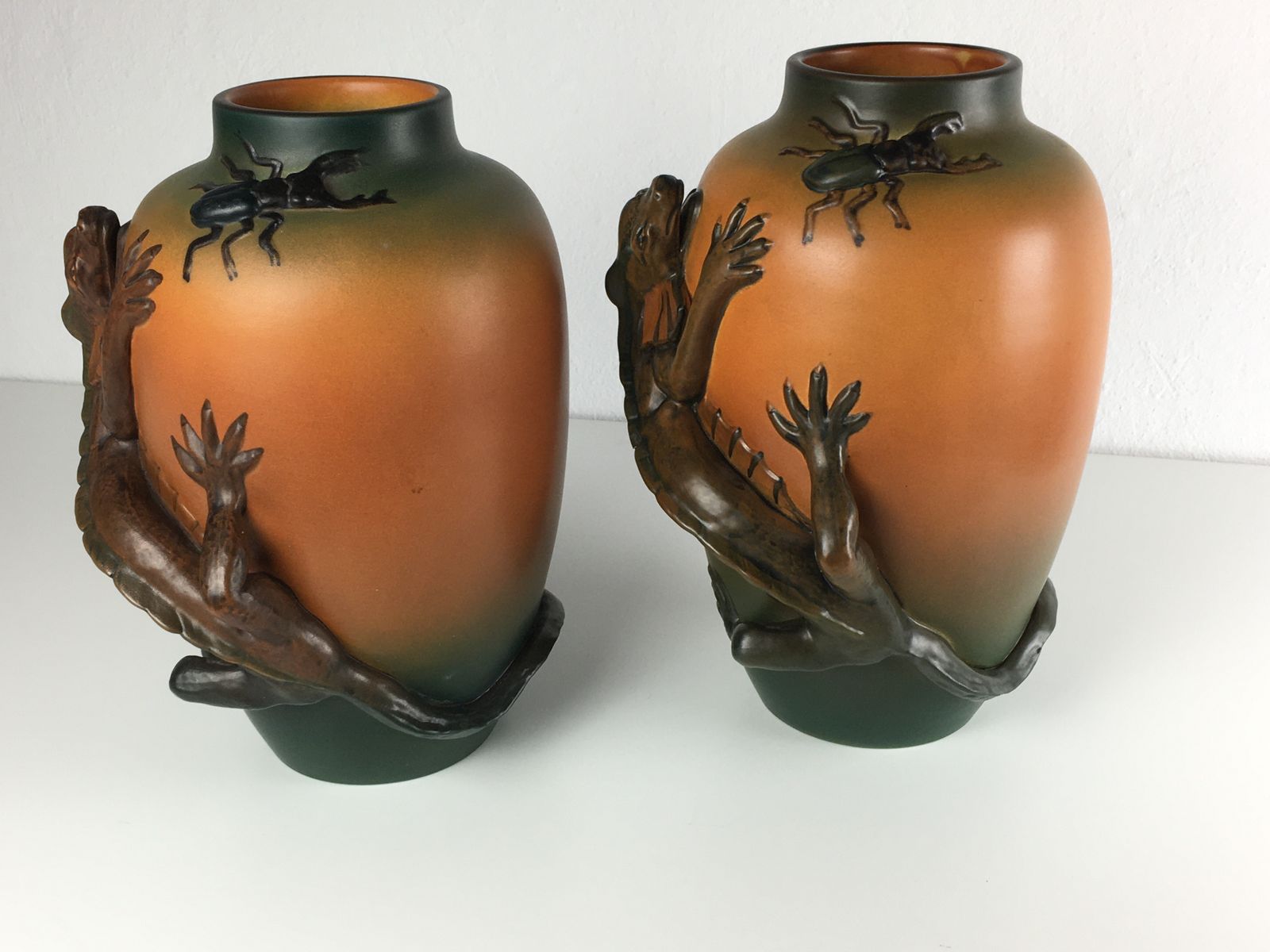 Set Of Two Hand Crafted Danish Art Nouveau Lizard Vases By P. Ipsens Enke 1890's photo for sale