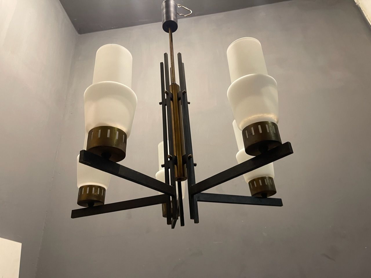 photo furniture Stilnovo Vintage Opaline Glass Bronze Chandelier