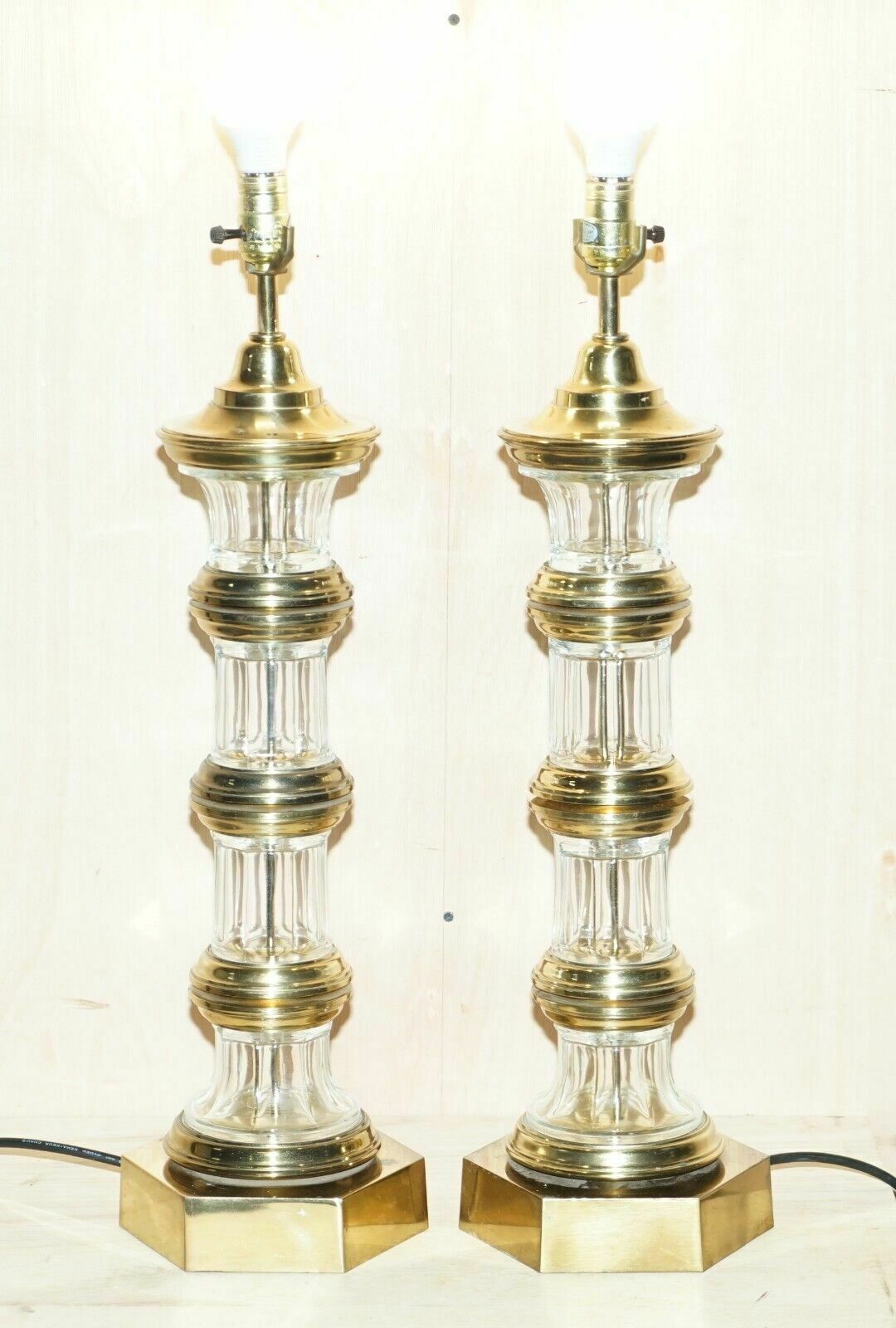 Very Large Pair Of Fully Restored Vintage Glass Lighthouse Brass Tables Lamps