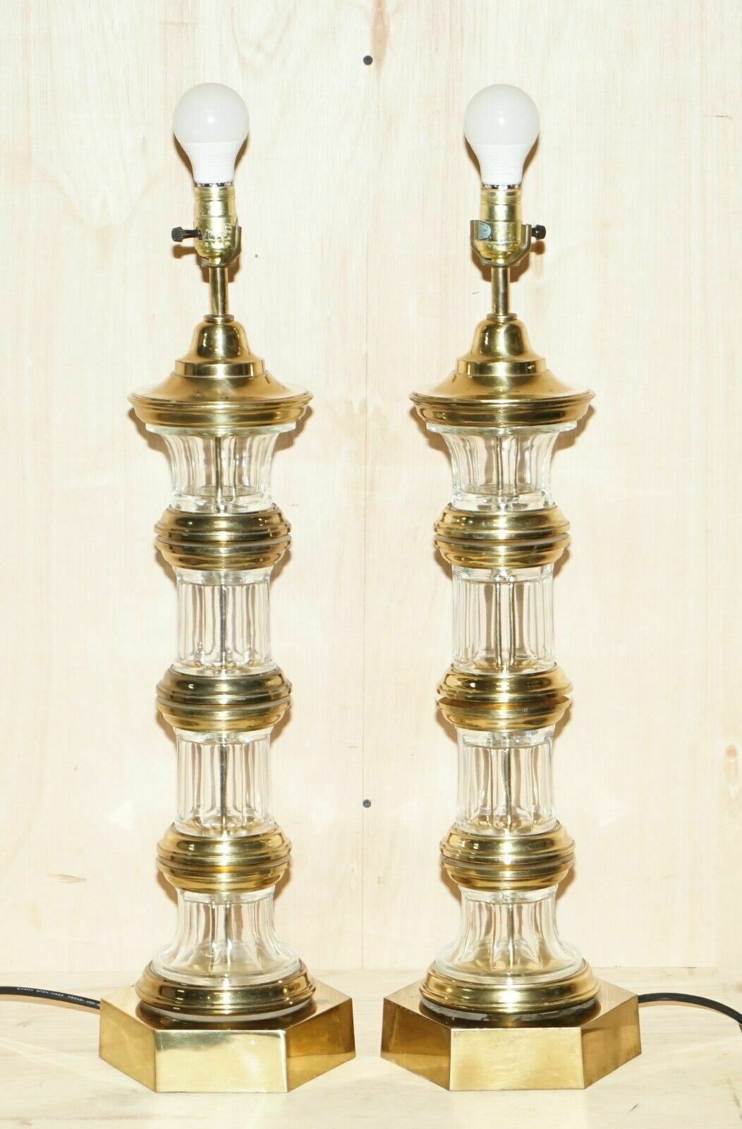 Very Large Pair Of Fully Restored Vintage Glass Lighthouse Brass Tables Lamps photo furniture