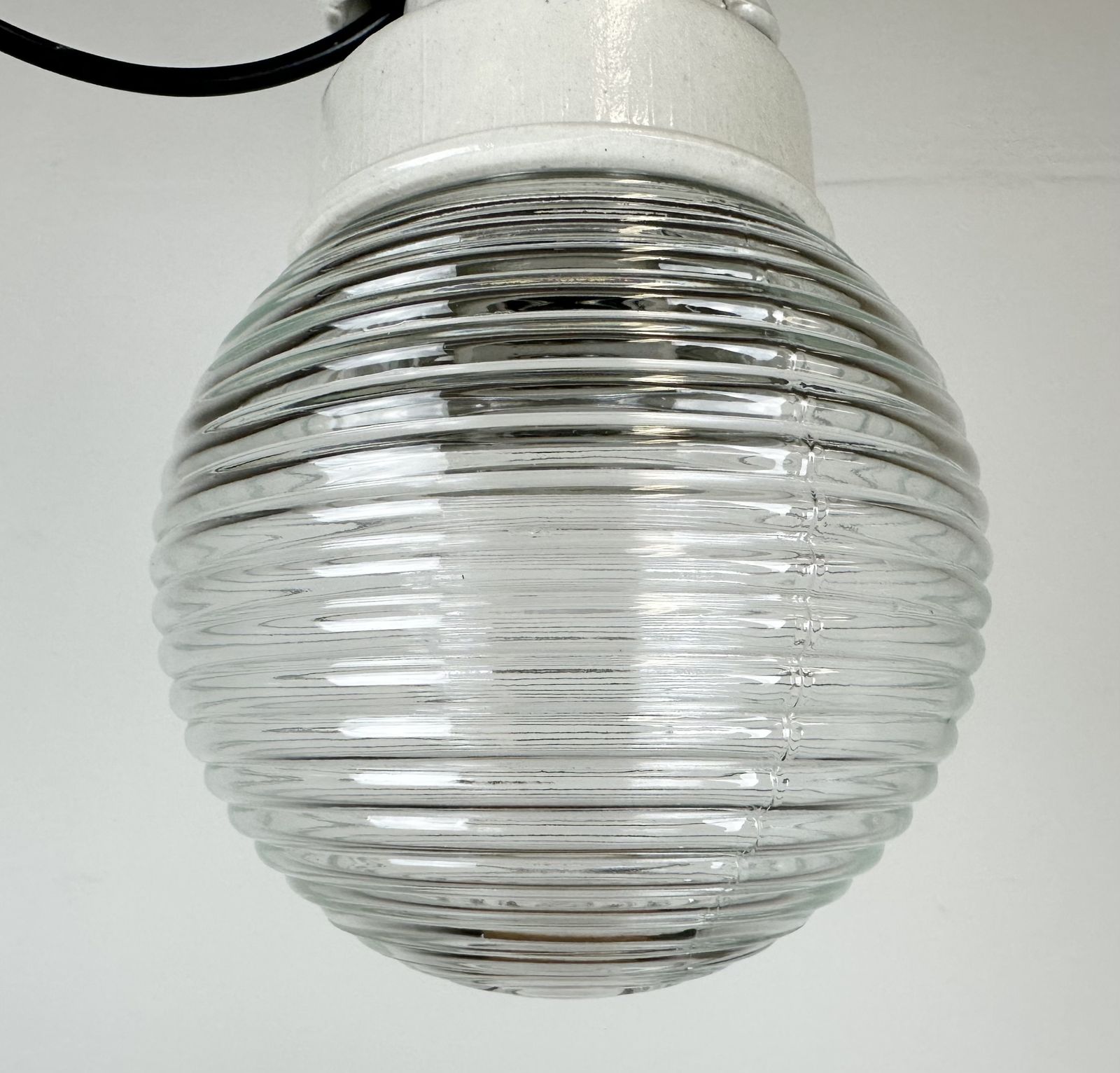 Industrial White Porcelain Pendant Light With Ribbed Glass, 1970s, 3x photo furniture