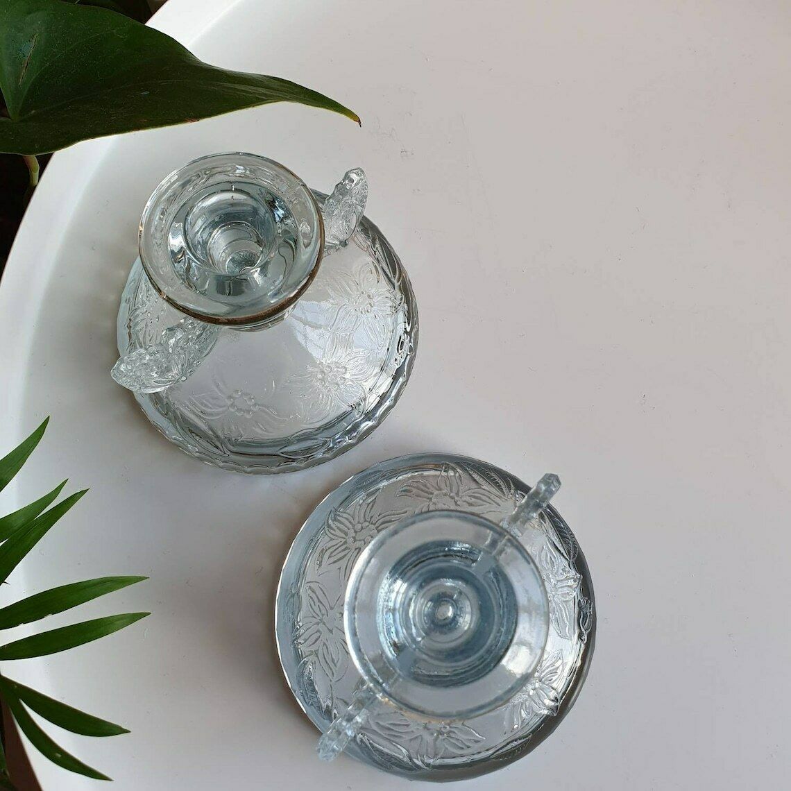 Vintage 1930s Blue Depression Glass Dressing Table Vanity Set With Candlesticks And Trinket Bowls photo for sale