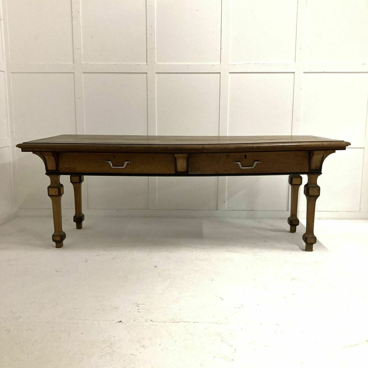 An Unusual Style, 19th Century French Walnut Serving Table, Four Tapered And Block Legs With Ebonised Decoration. Two Large Drawers With Later Handles photo Furniture