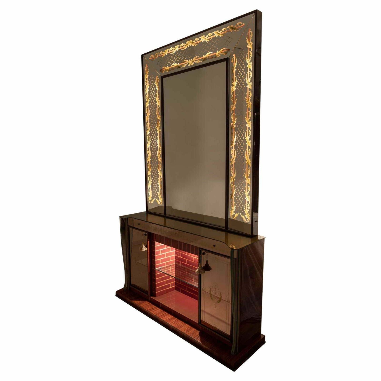 Luigi Brusotti Mid Century Modern Italian Bar Cabinet With Decorated Mirror, 40s