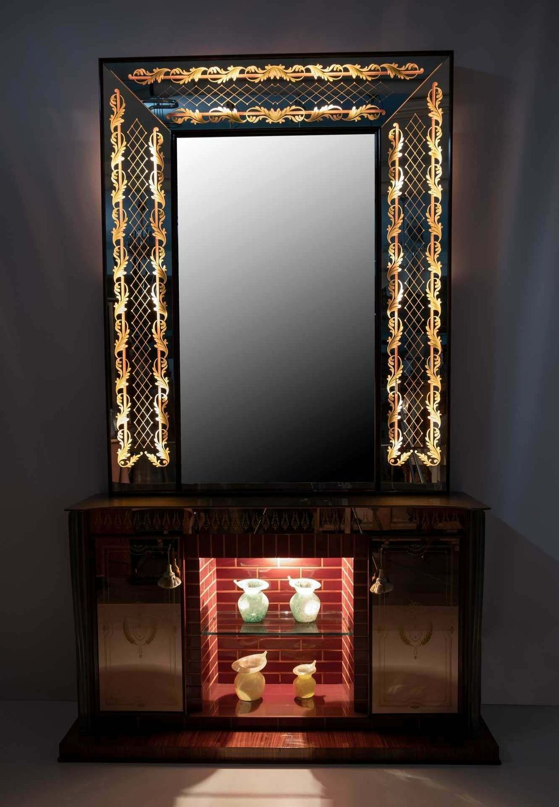 Luigi Brusotti Mid Century Modern Italian Bar Cabinet With Decorated Mirror, 40s photo for sale