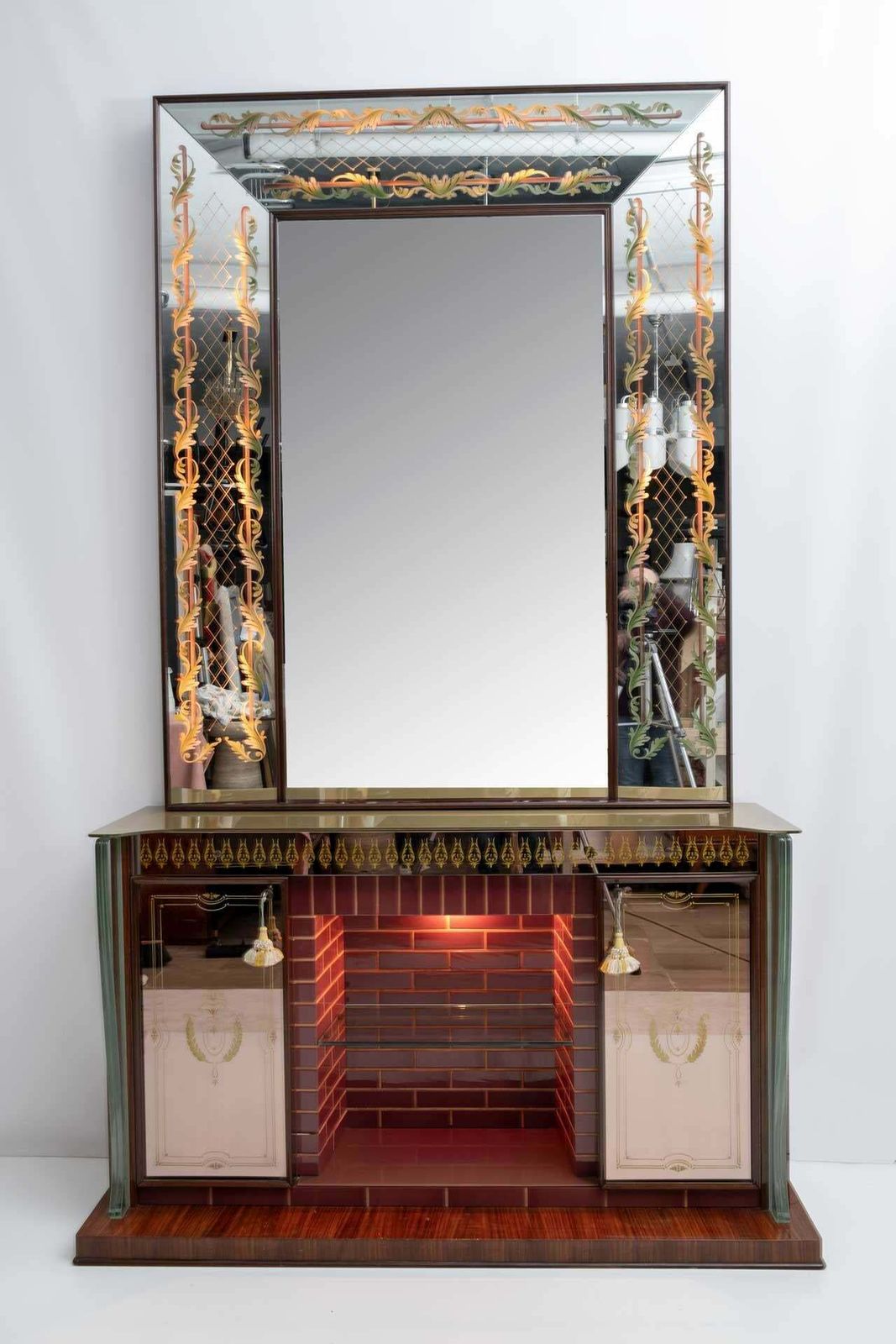 Luigi Brusotti Mid Century Modern Italian Bar Cabinet With Decorated Mirror, 40s photo Furniture