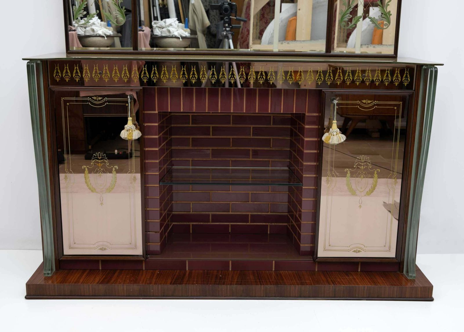 Luigi Brusotti Mid Century Modern Italian Bar Cabinet With Decorated Mirror, 40s photo buy