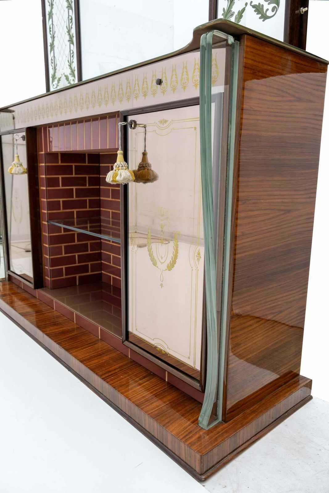 Luigi Brusotti Mid Century Modern Italian Bar Cabinet With Decorated Mirror, 40s photo vintage
