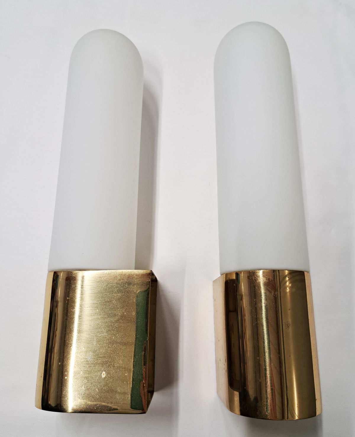 Mid Century Pair Of Brass Wall Lights With Opaline Glass By Limburg, Germany photo furniture