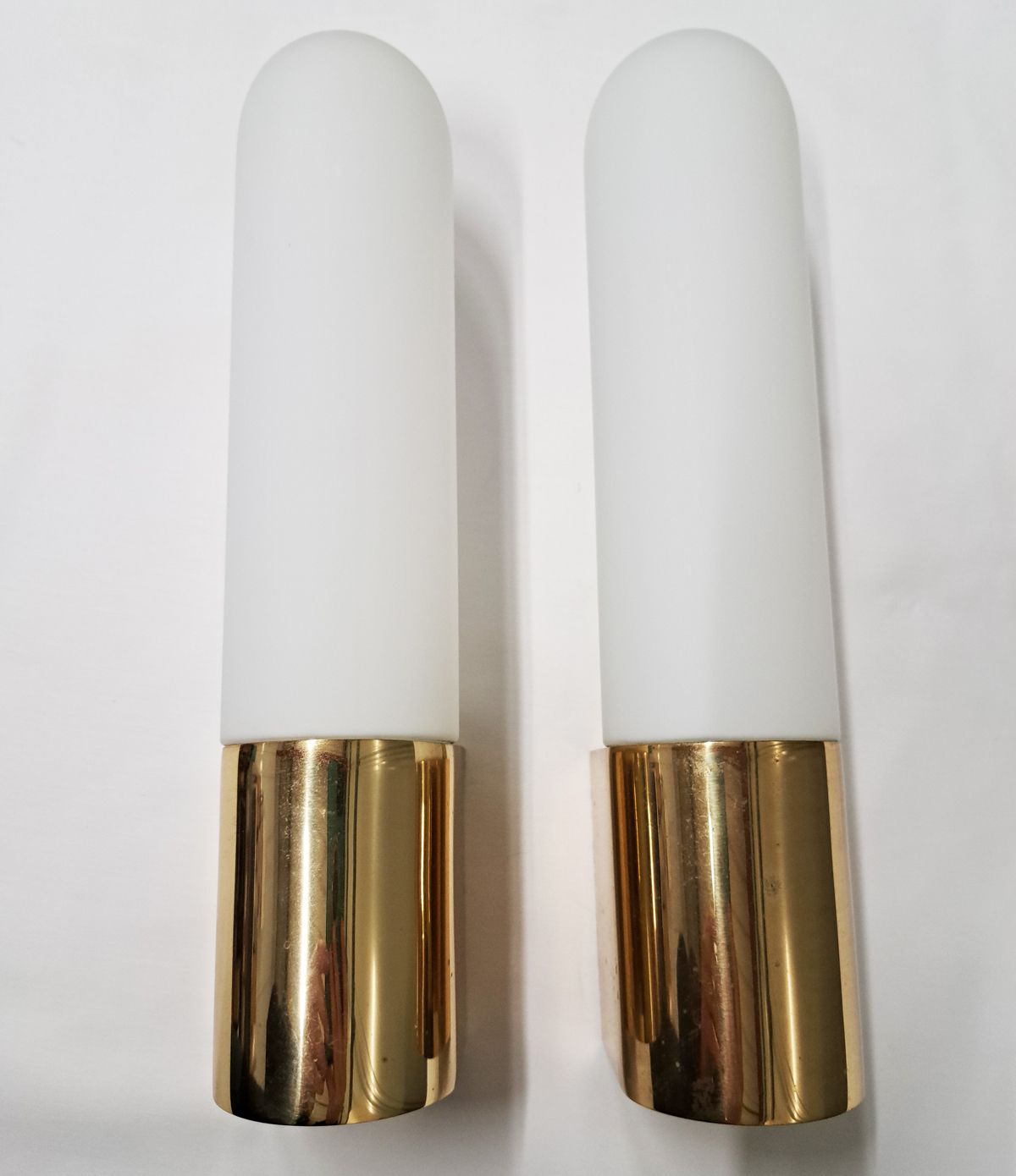 Mid Century Pair Of Brass Wall Lights With Opaline Glass By Limburg, Germany photo for sale
