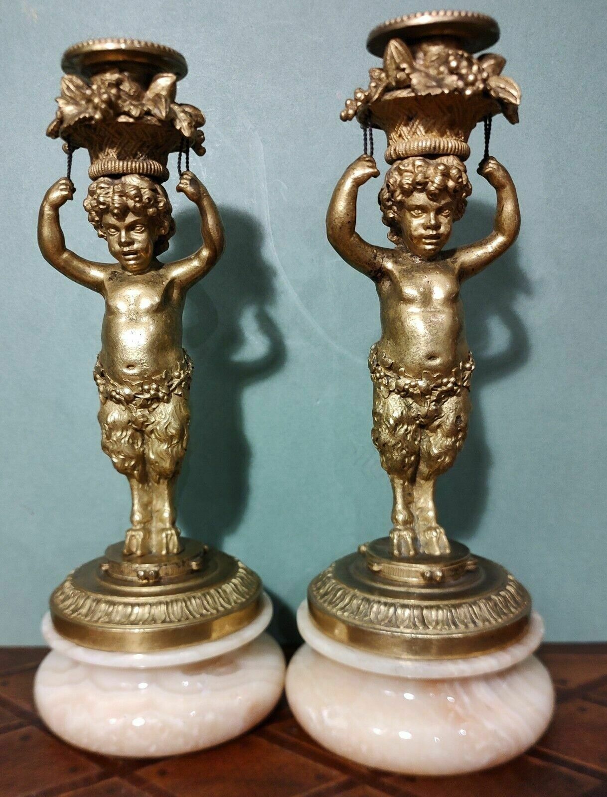 Rare Pair Antique French Gilt Bronze Ormolu Candlesticks Bacchic Fauns On Onyx