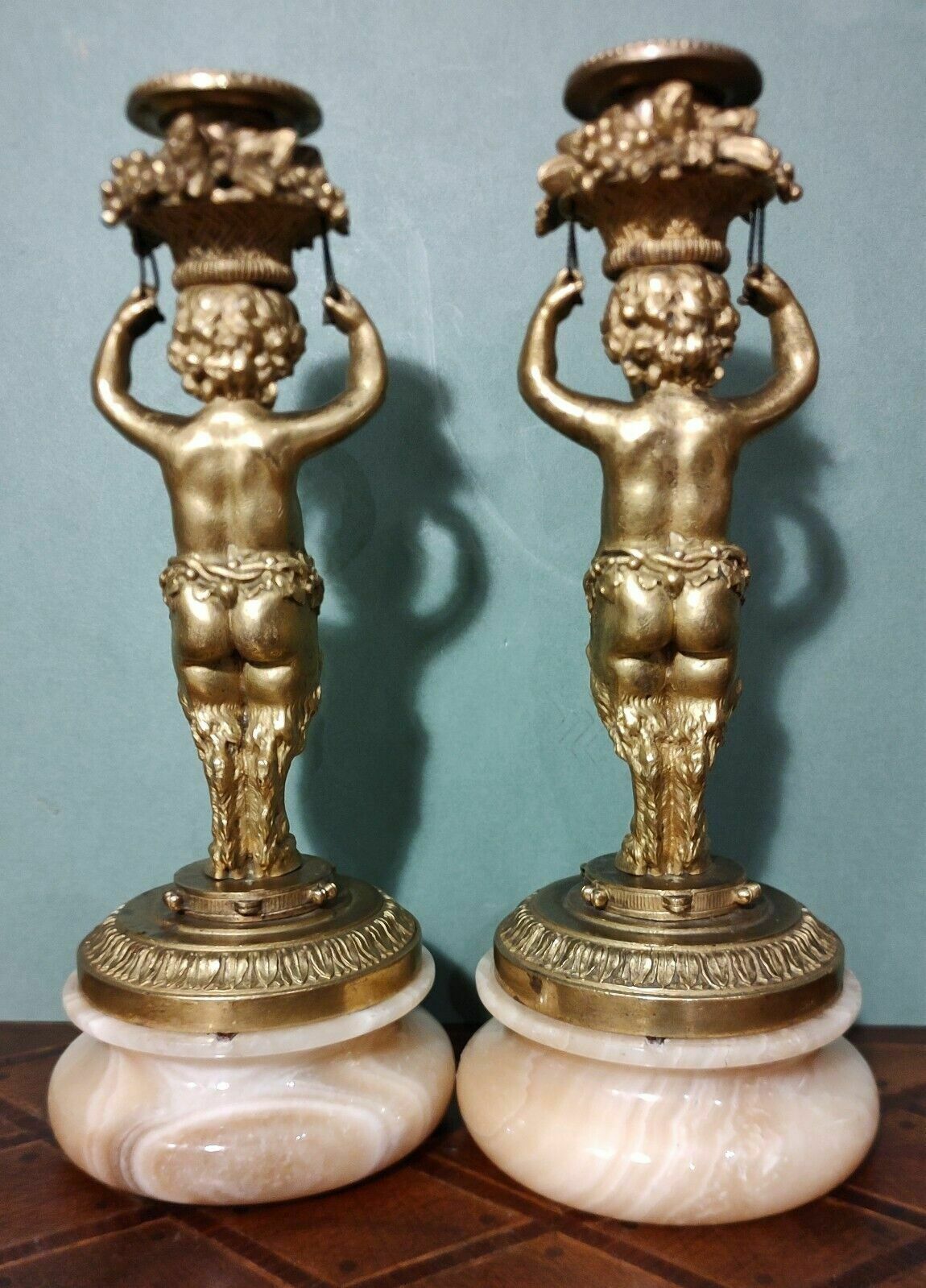 Rare Pair Antique French Gilt Bronze Ormolu Candlesticks Bacchic Fauns On Onyx photo buy