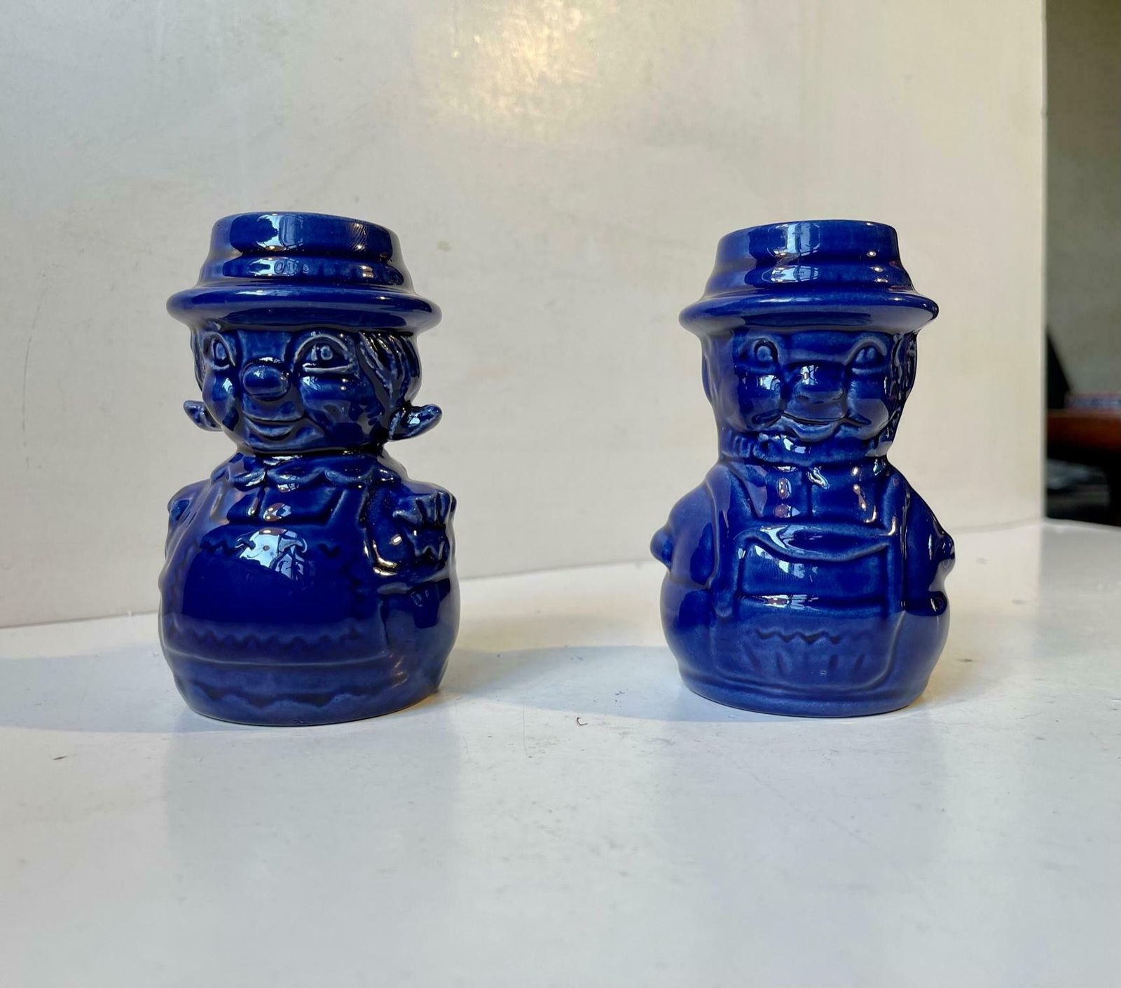 Vintage Scandinavian Figural Man & Wife Ceramic Candlesticks In Blue Glaze photo furniture