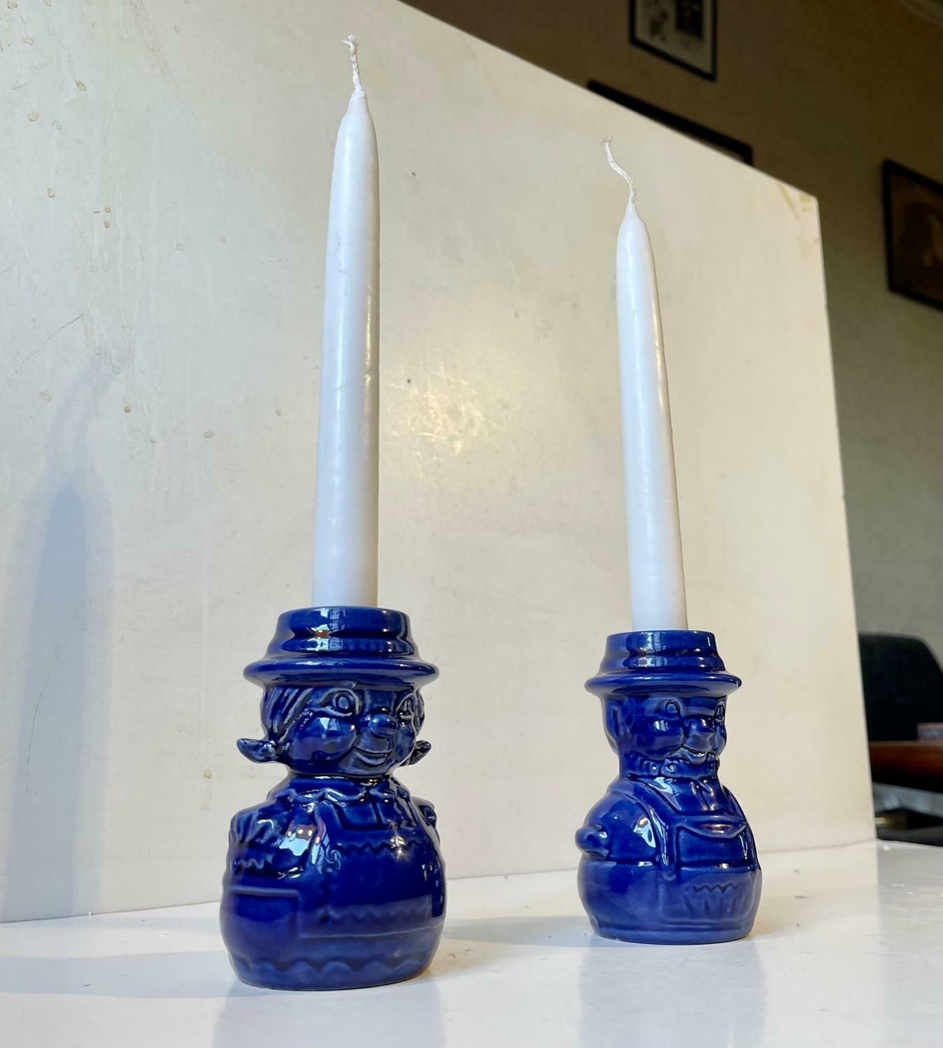 Vintage Scandinavian Figural Man & Wife Ceramic Candlesticks In Blue Glaze photo vintage