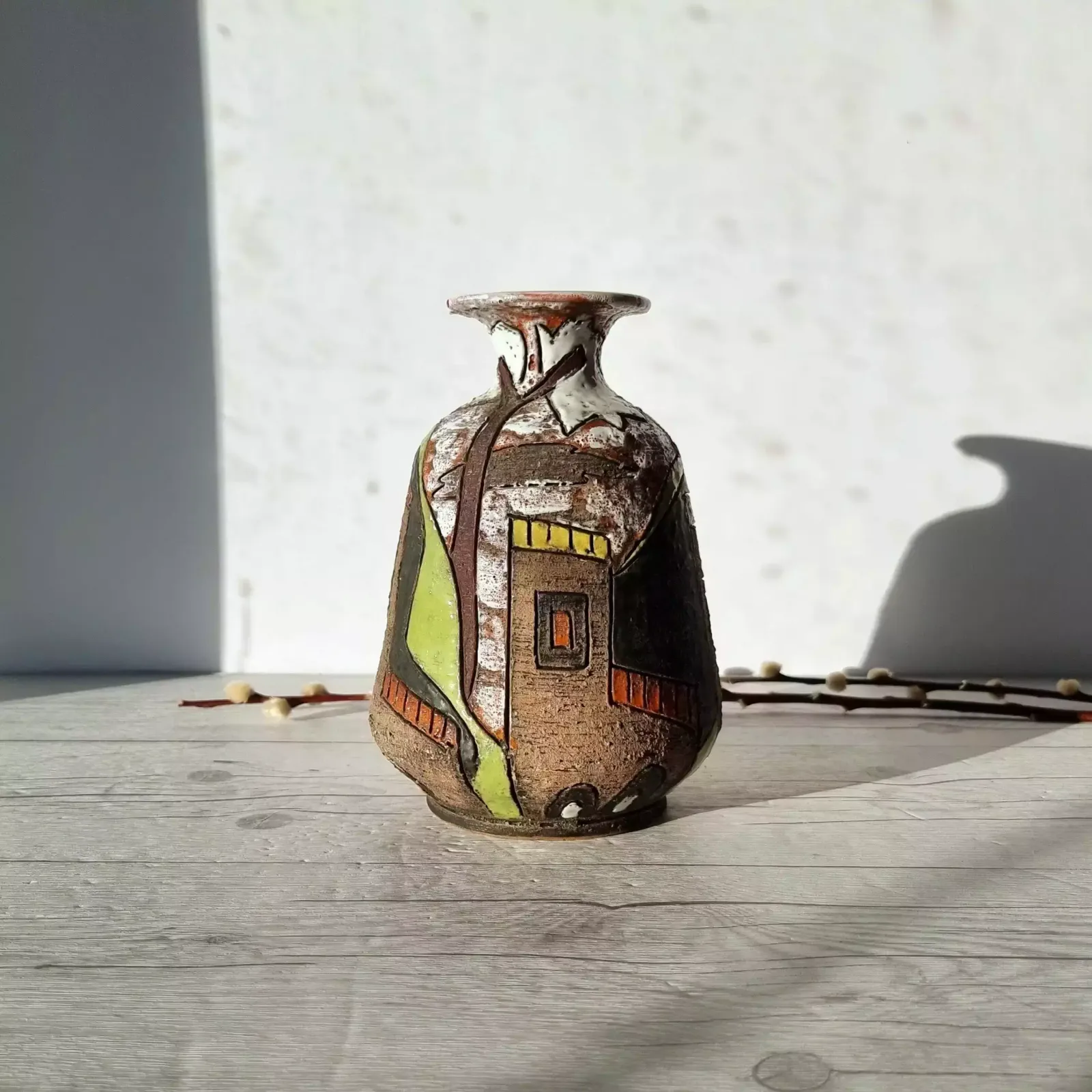 Fratelli Fanciullacci, Stylised Town Series, Sgraffito On Clay, Gloss And Lava Glaze Décor Vase photo for sale