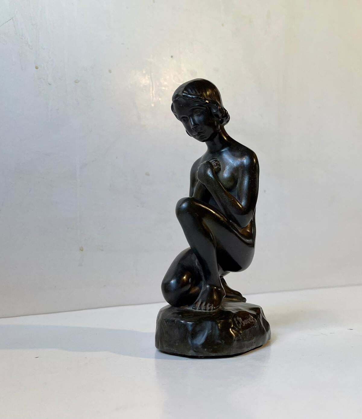 Just Andersen & Elna Borch Patinated Sculpture Of Young Woman, 1930s photo vintage