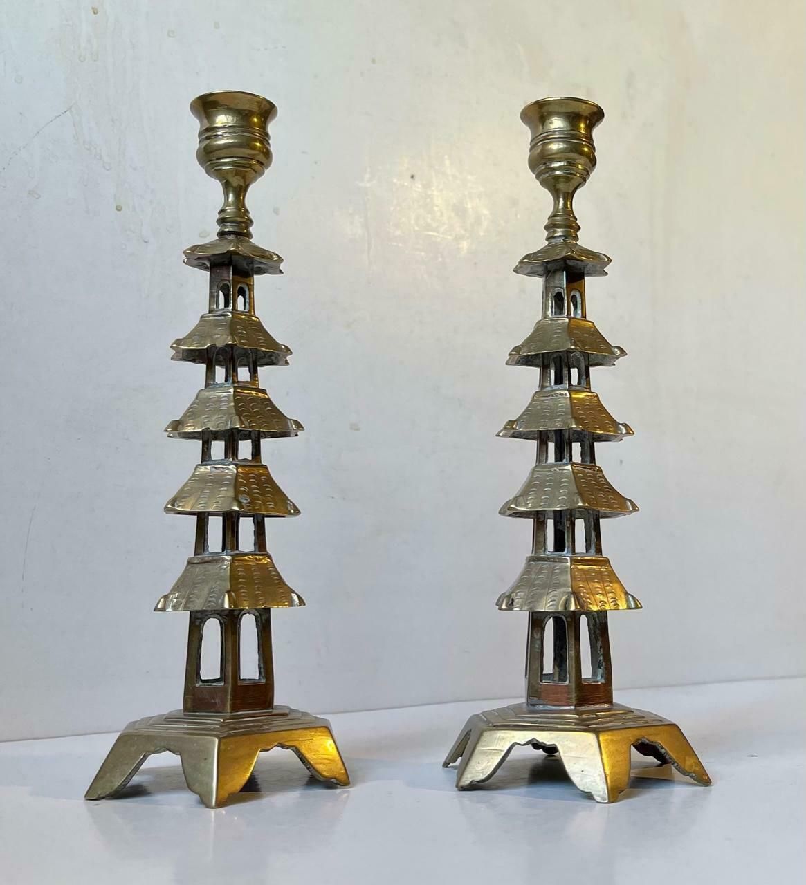 Pair Of Old Chinese Pagoda Candlesticks In Brass photo Home Decor