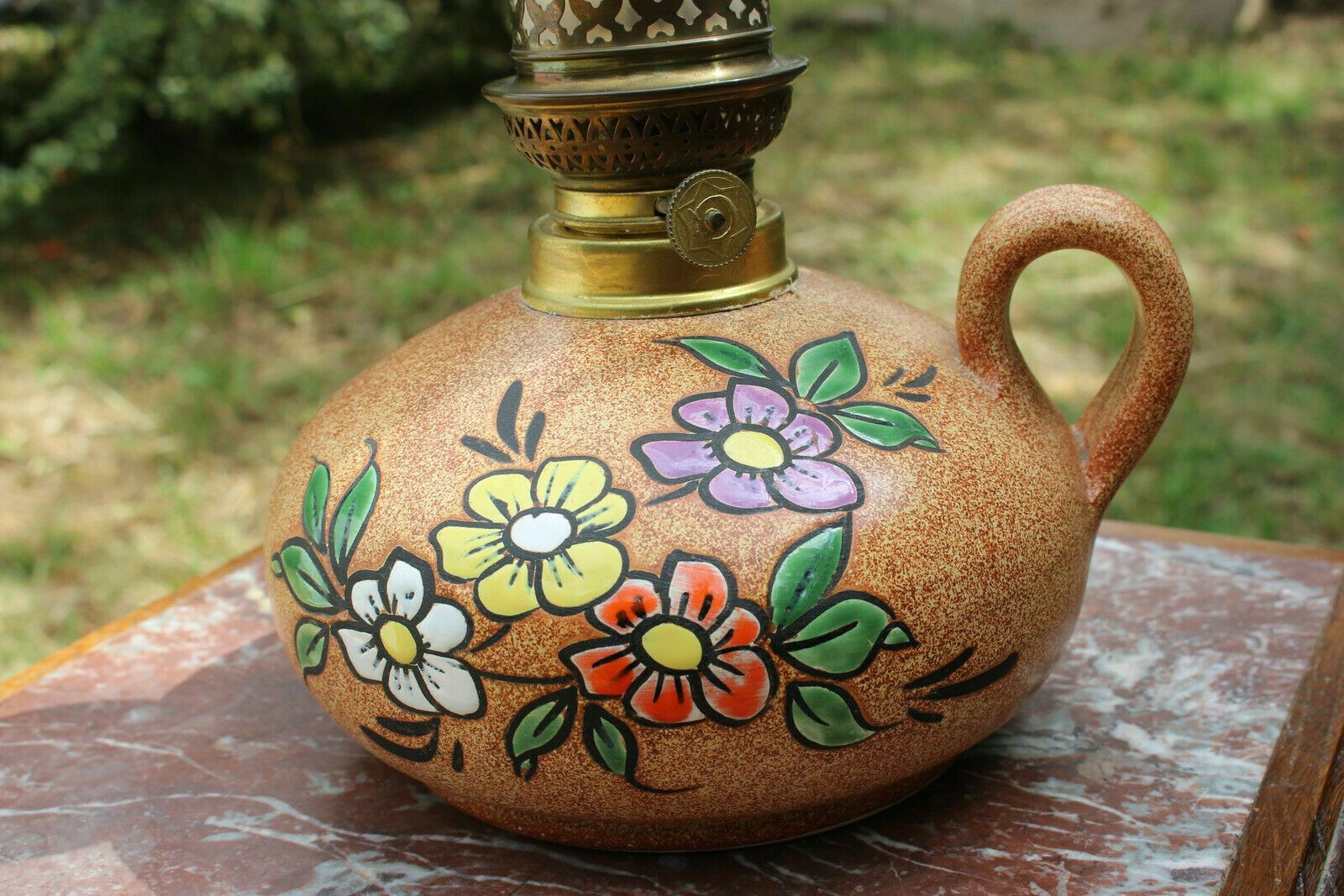 French Vintage Table Desk Oil Lamp Ceramic + Glass Shade Chimney Handpainted 19c photo for sale