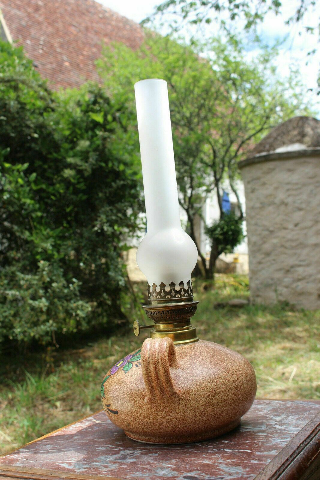 French Vintage Table Desk Oil Lamp Ceramic + Glass Shade Chimney Handpainted 19c photo 106.0