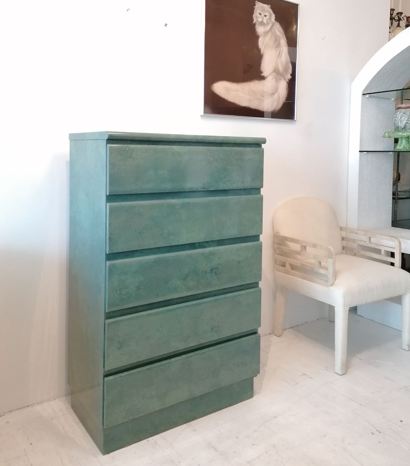 Beautiful Vintage Aqua / Jade Lacquer Laminate Tall Drawer Cabinet With 5 Drawers, USA 1980s photo buy