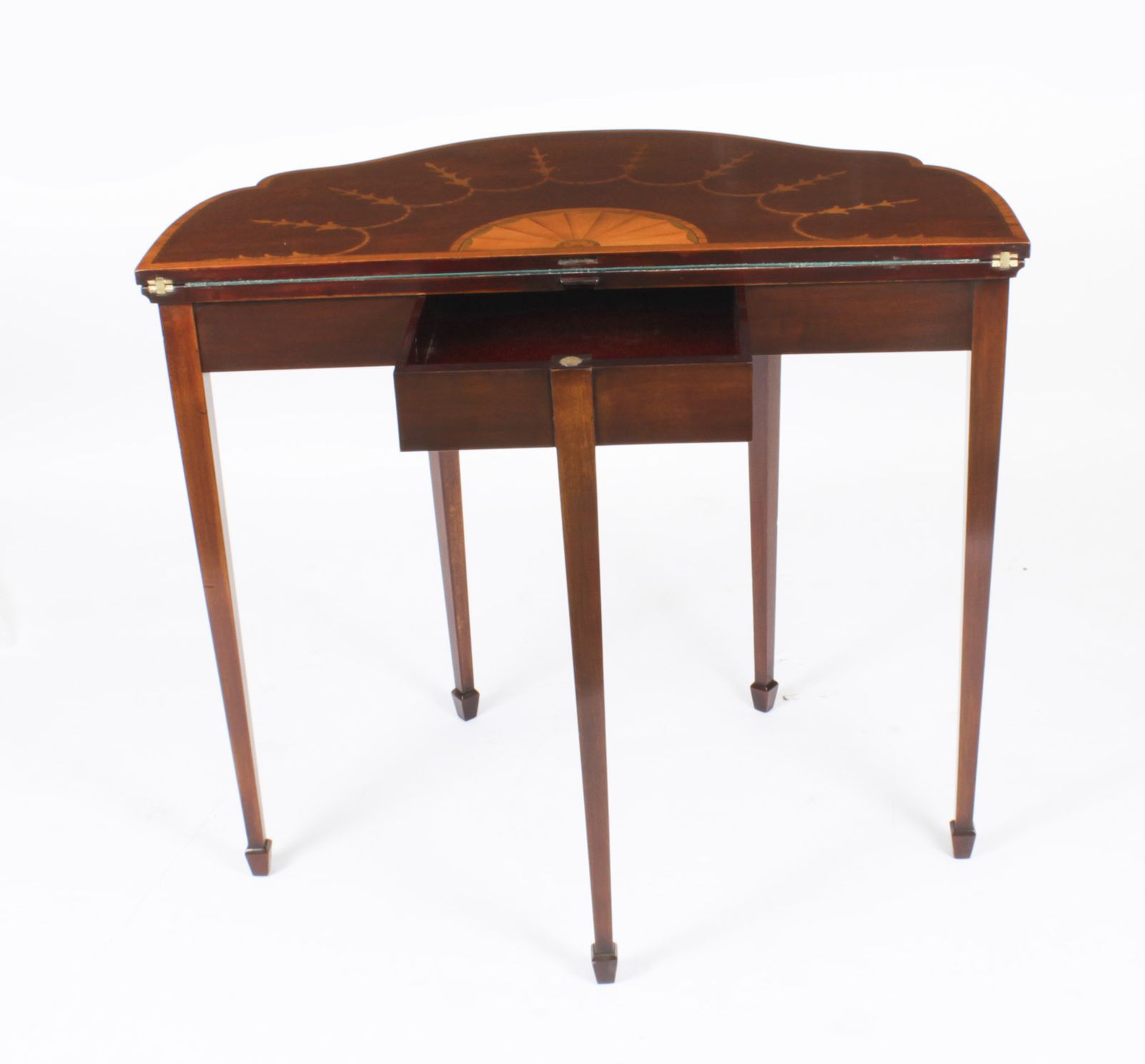 photo vintage Antique Mahogany And Satinwood Inlaid Serpentine Card Console Circa 1880