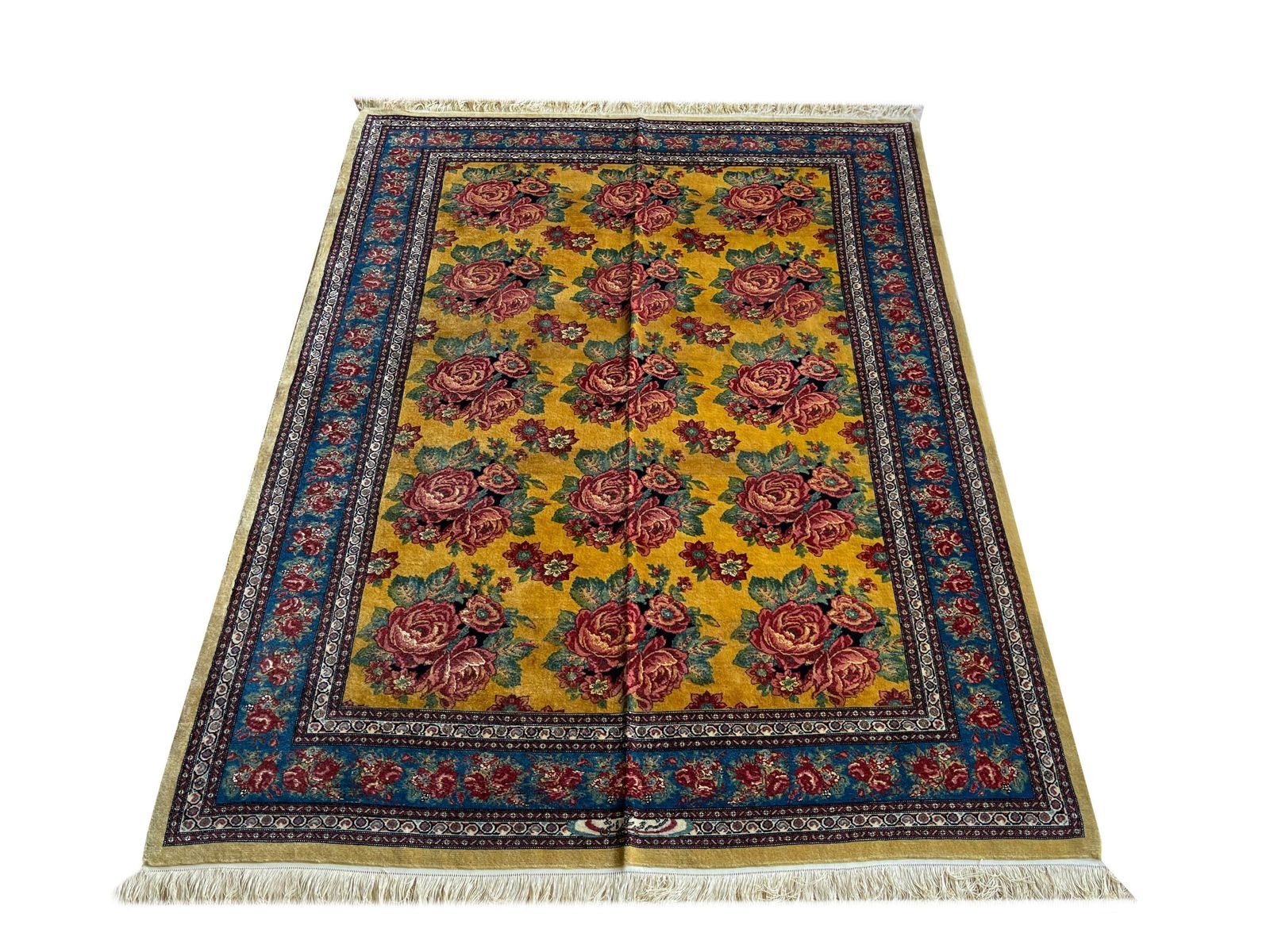 Exclusive Floral Rug, Gold Silk Handwoven Carpet, Kurdish Oriental Rug photo furniture