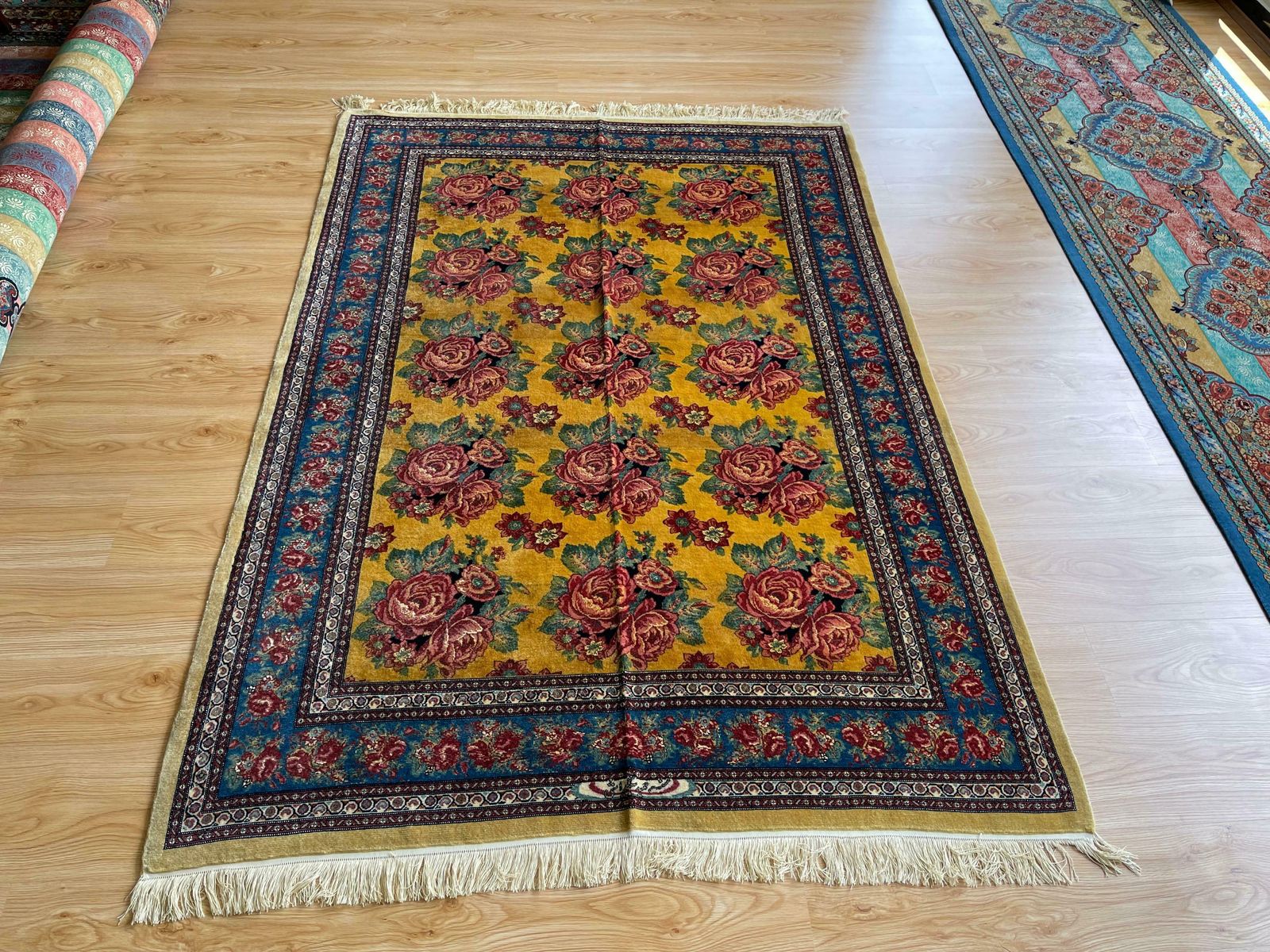 Exclusive Floral Rug, Gold Silk Handwoven Carpet, Kurdish Oriental Rug photo 7200.0