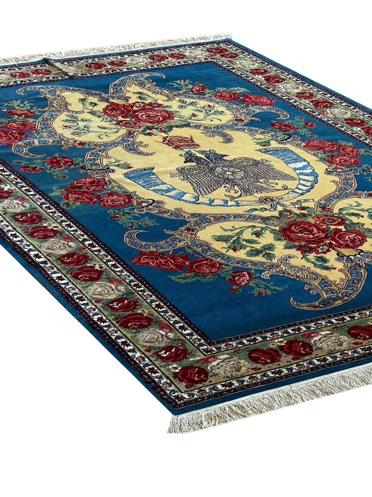 Exclusive Floral Rug, Blue Silk Handwoven Carpet, Symbolic Kurdish Oriental Rug photo for sale