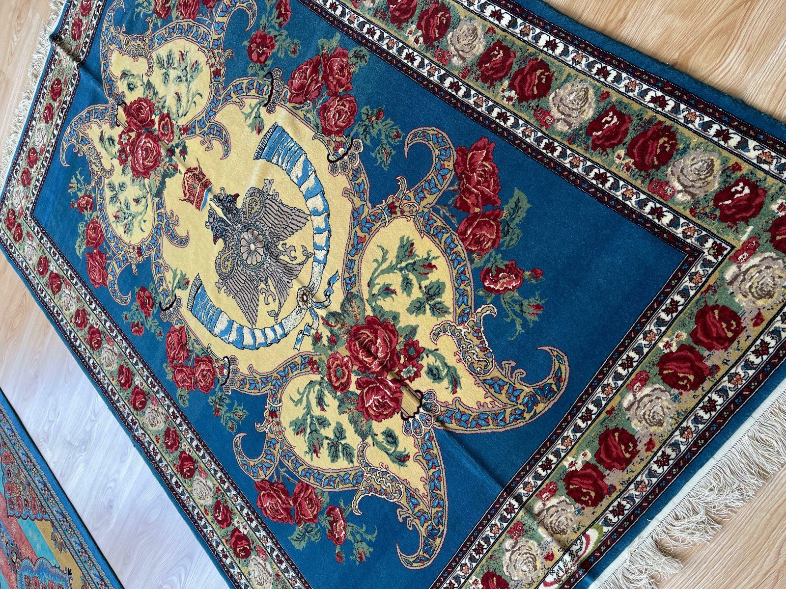 Exclusive Floral Rug, Blue Silk Handwoven Carpet, Symbolic Kurdish Oriental Rug photo vinterior