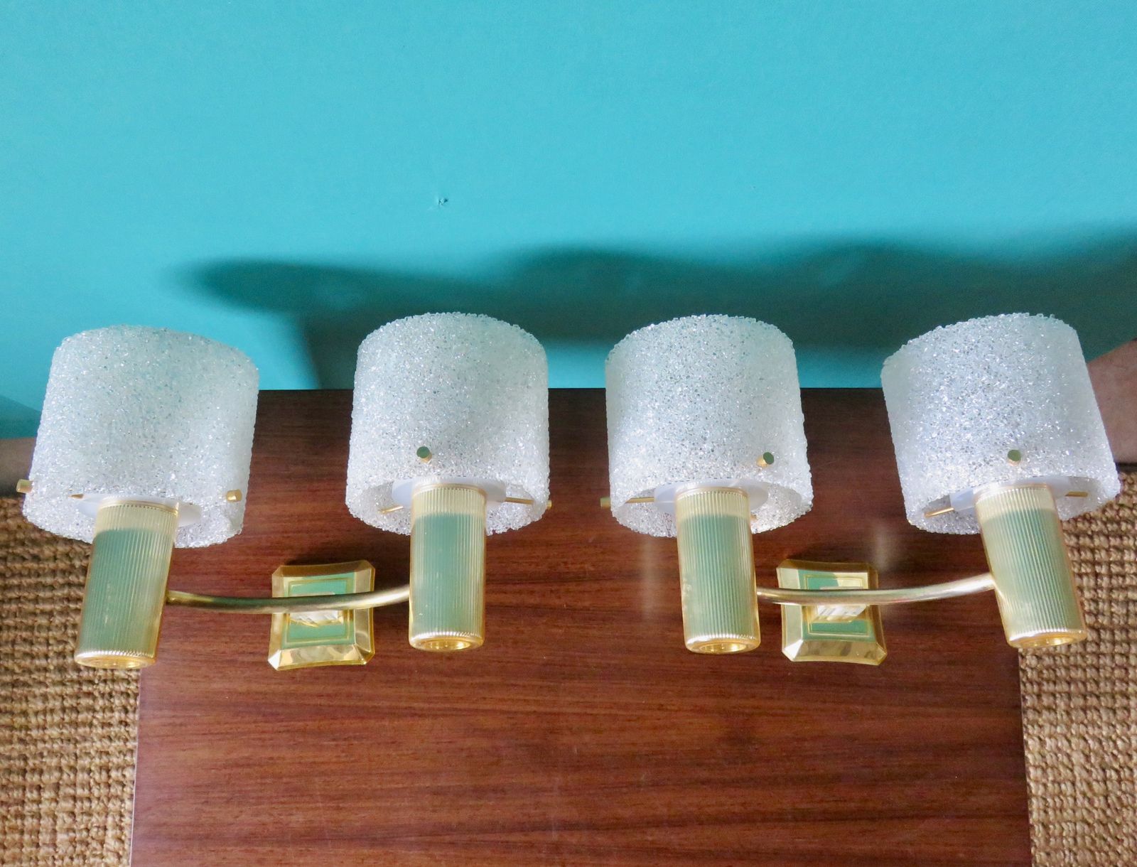 Pair Of Brass And Gold Plastic Wall Lights With Granite Shades. France 1950 photo furniture