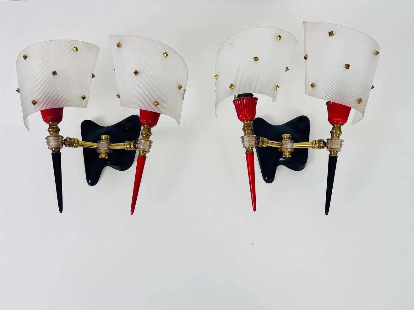 Pair Of 2 Brass And Plexiglass Wall Lamps By Maison Arlus, 1960, France photo furniture