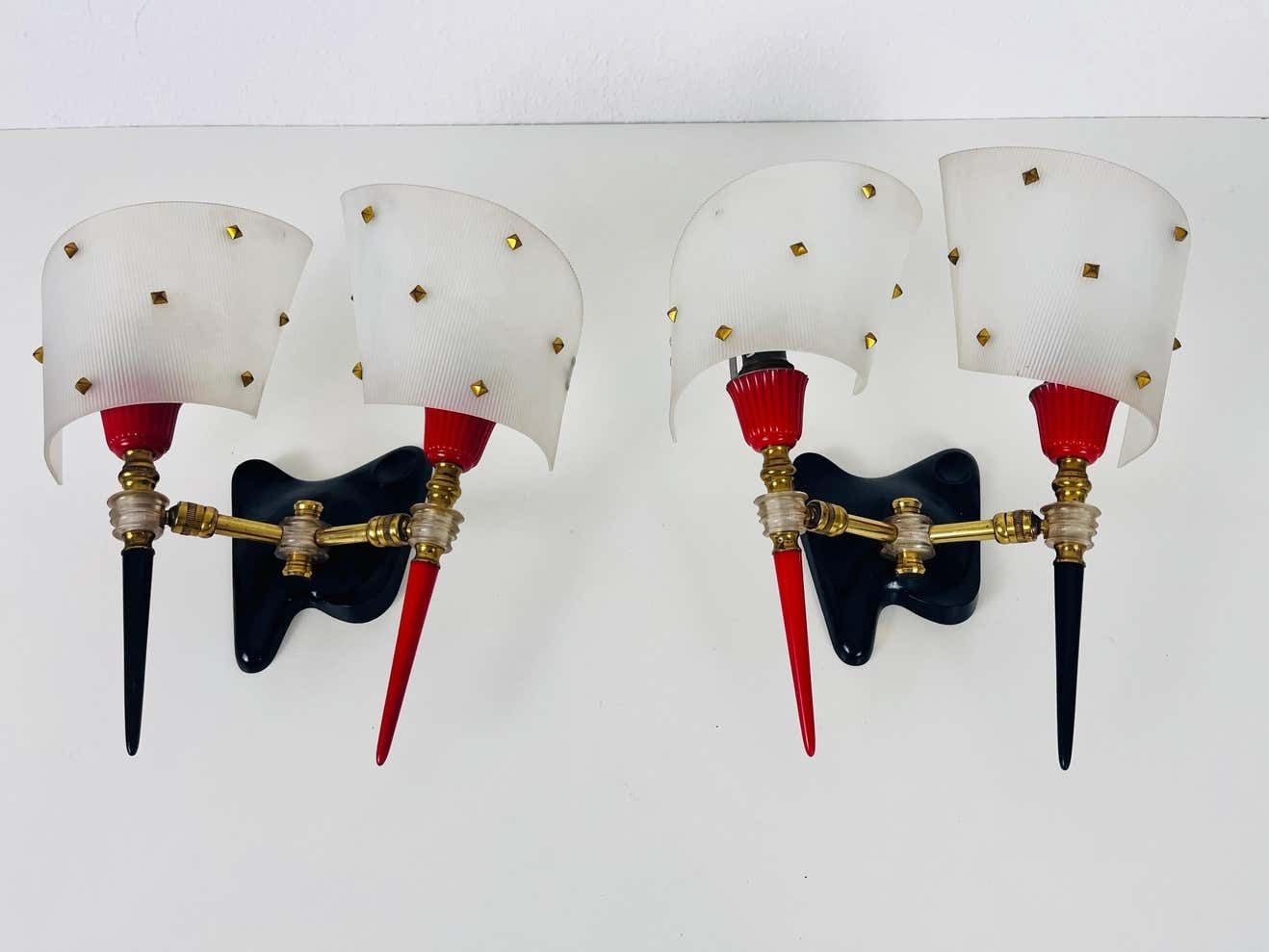 Pair Of 2 Brass And Plexiglass Wall Lamps By Maison Arlus, 1960, France photo for sale