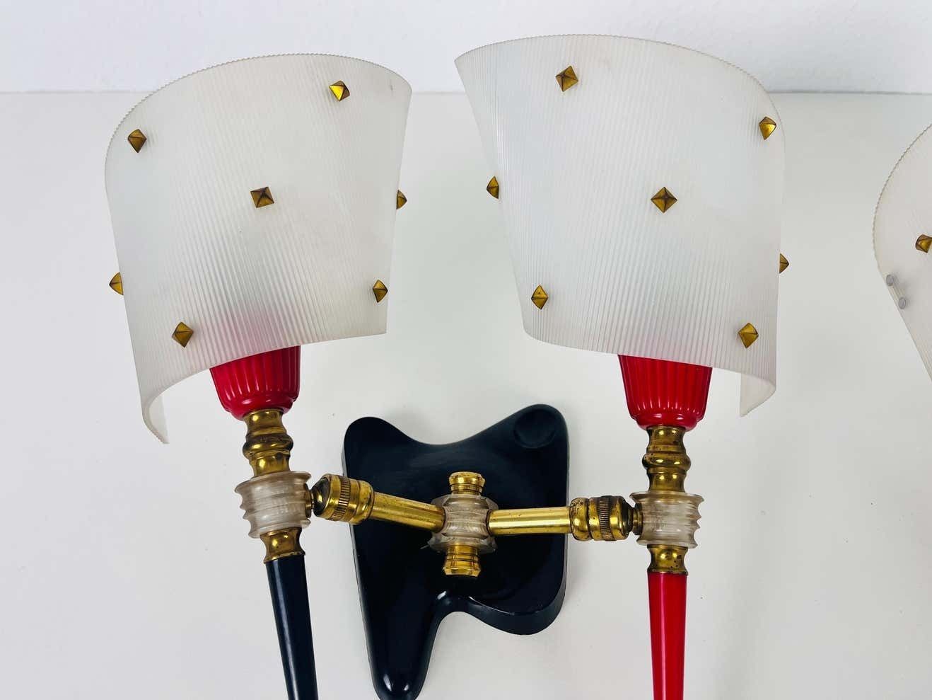 Lighting Pair Of 2 Brass And Plexiglass Wall Lamps By Maison Arlus, 1960, France photo