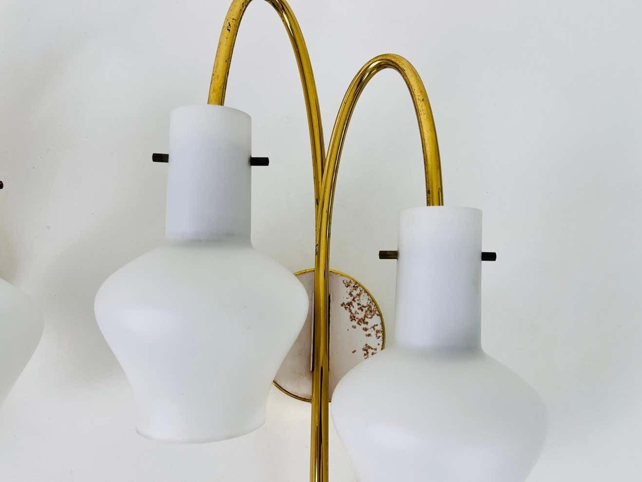 Pair Of Mid Century Brass And Opaline Glass Wall Lamps, Italy, 1960s photo vintage