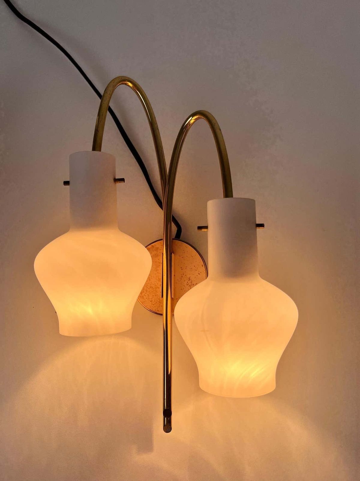 photo furniture Pair Of Mid Century Brass And Opaline Glass Wall Lamps, Italy, 1960s