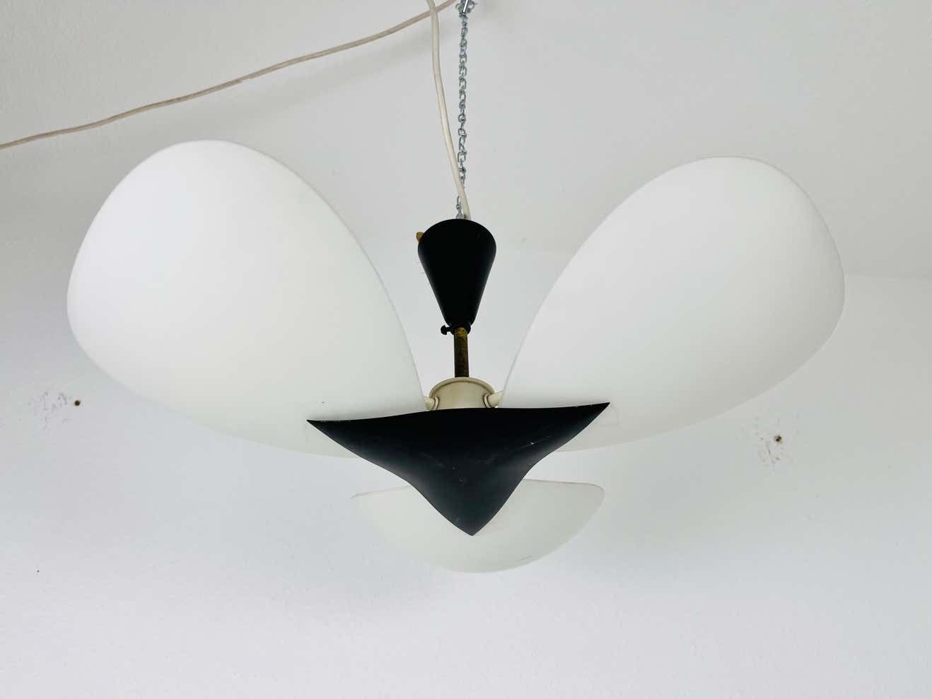 Italian Mid Century Black And Opaline Glass 3 Arm Sputnik Chandelier, 1950s photo Lighting