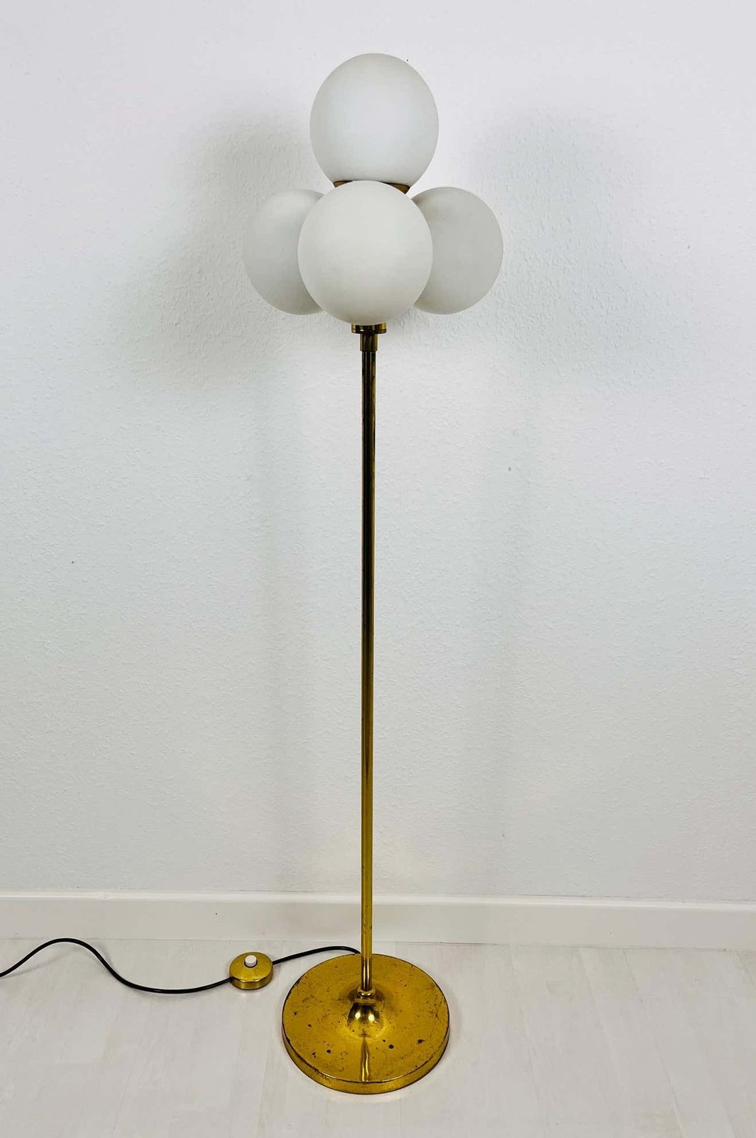 Midcentury Brass And Opaline Glass 4 Arm Floor Lamp By Kaiser, Germany, 1960s photo furniture