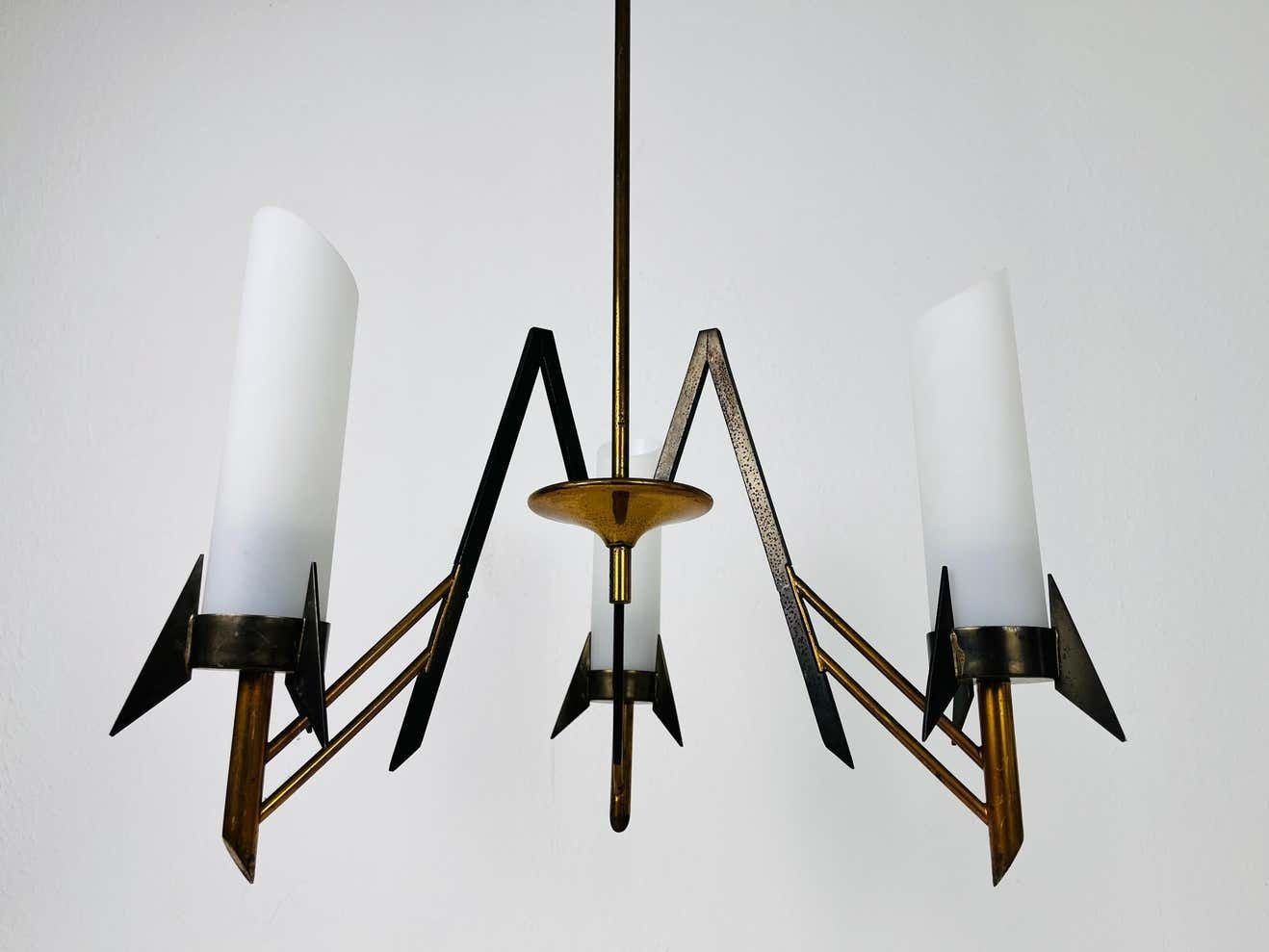 Italian Mid Century Brass And Opaline Glass 3 Arm Chandelier, 1960s photo 1134.0