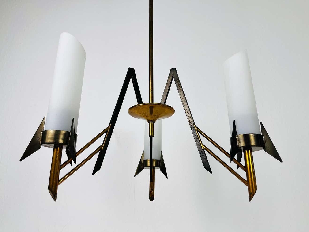 Italian Mid Century Brass And Opaline Glass 3 Arm Chandelier, 1960s photo vinterior