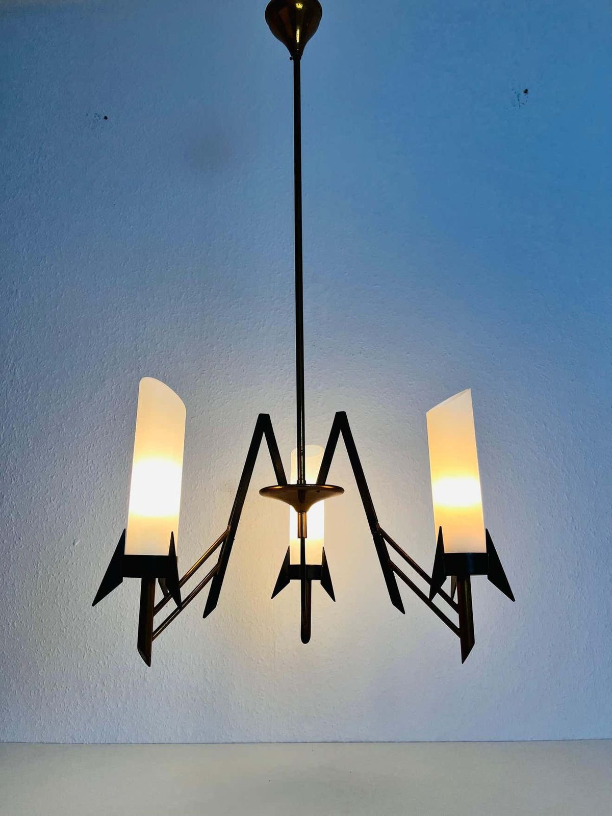 Lighting Italian Mid Century Brass And Opaline Glass 3 Arm Chandelier, 1960s photo