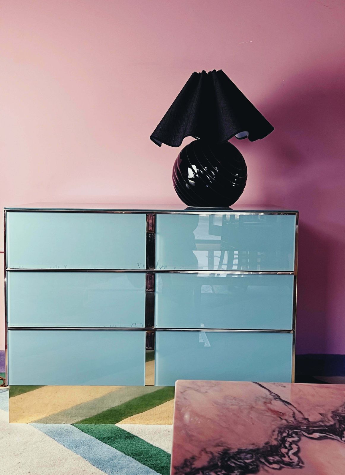 Turquoise And Gold Glass Sideboard By Ello Furniture, American 1970s
