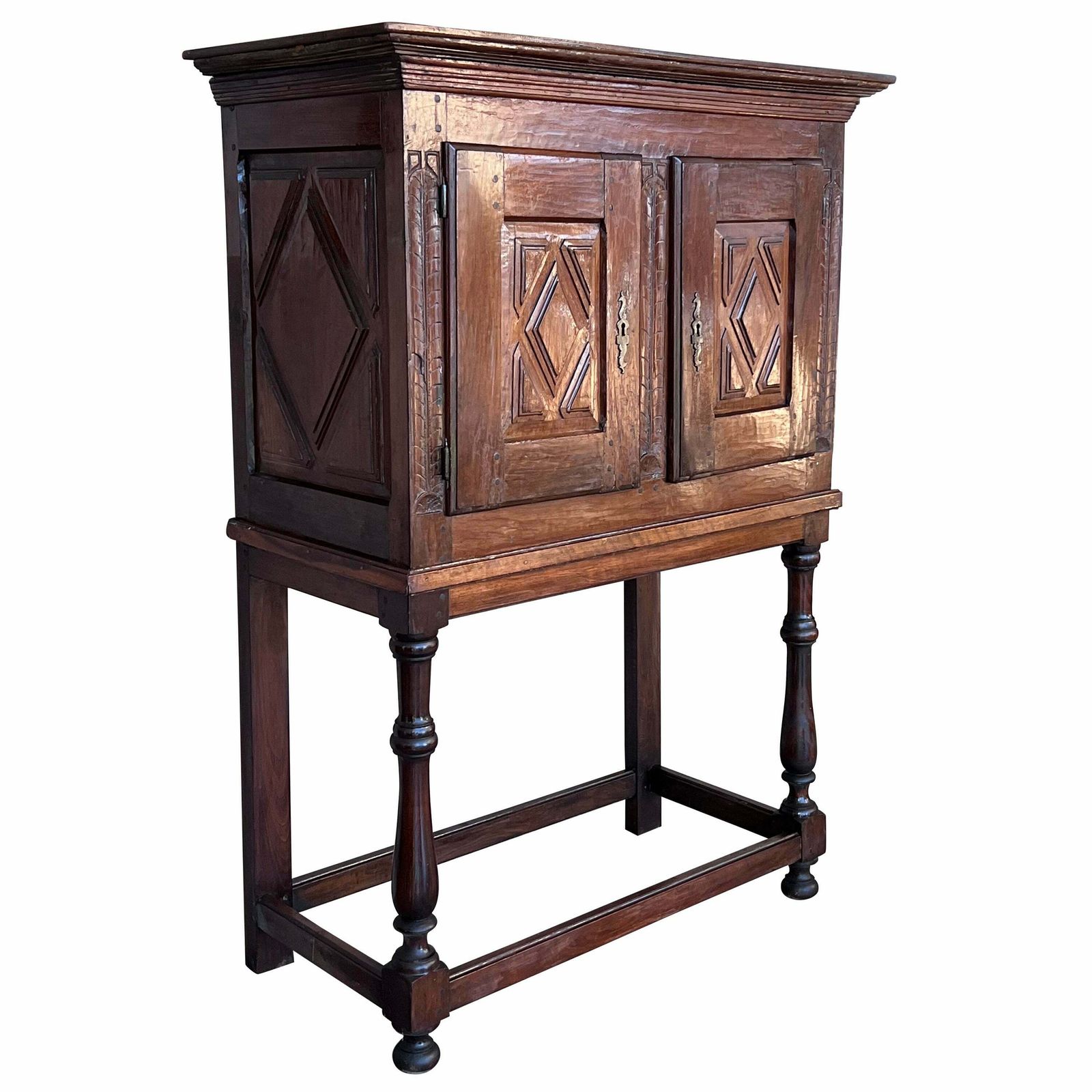 19th Catalan Spanish Cabinet On Stand In Carved Walnut And Iron Stretcher